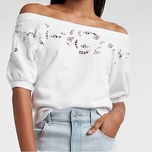 NWT EXPRESS Women’s White Embroidered Lace Off The Shoulder sweater Shirt